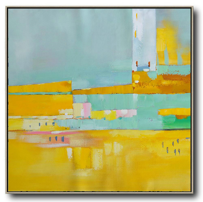 Large Abstract Painting On Canvas,Oversized Contemporary Art,Hand Painted Canvas Art,Yellow,Sky Blue,Pink,White.Etc